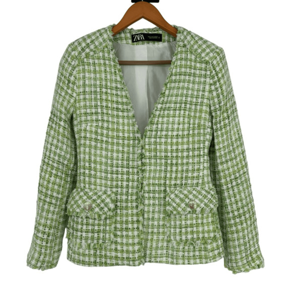 Zara Tweed Cropped Blazer Size S Lady Preppy Cream Green Classic - Picture 1 of 14